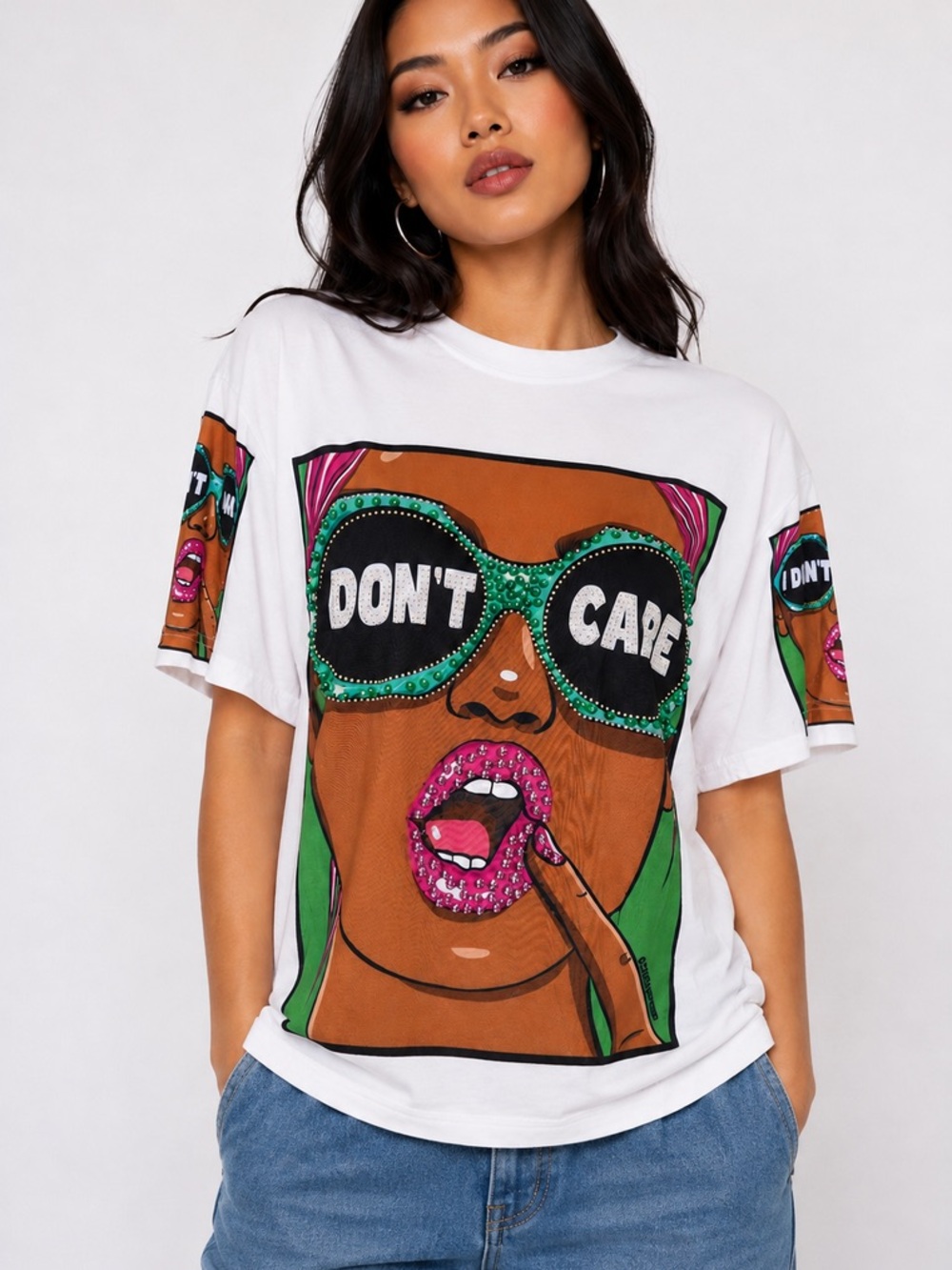 White Graphic Tee with Colorful Pop Art Face - "Don't Care"